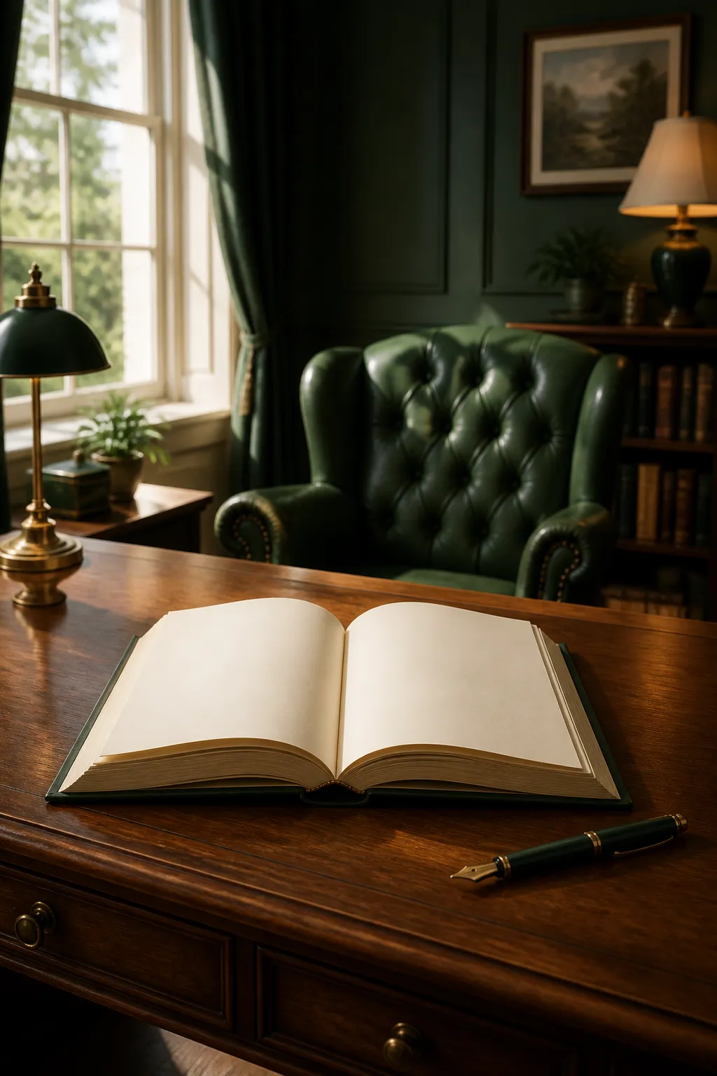 Open manuscript book on a writing desk with morning light